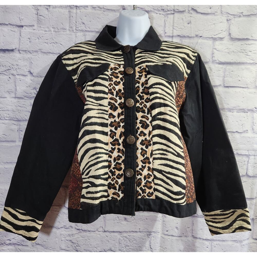 VTG Carolina Blues Black Tan Brown Animal Print Denim Jacket Small Button Up